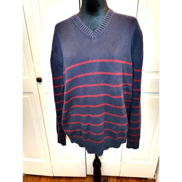 Lands' End Other - Men Lands' End Drifter Navy Burgundy Stripe V Neck Sweater XL Preppy Nautical
